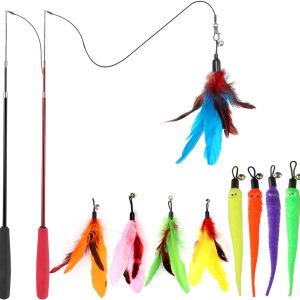 Interactive Cat Toys - Retractable Wand Toy and Feather Toys Refills for Indoor Cats to Chase and Exercise